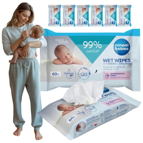Chusteczki nawilżane higieniczne Canpol 99% wody hipoalergiczne 6 x 60 szt.
