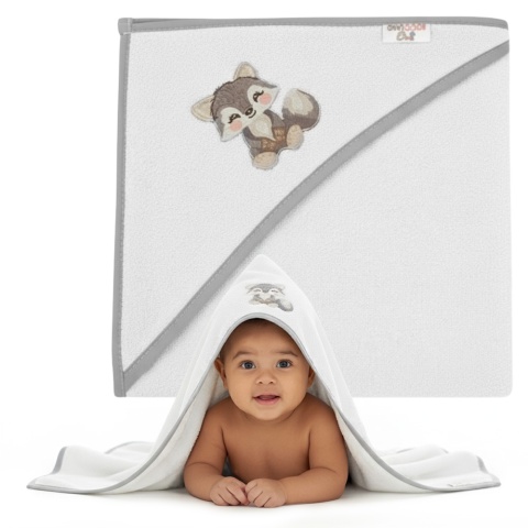 Ręcznik kąpielowy z kapturem Bocioland okrycie kąpielowe 100x100 szary wilk
