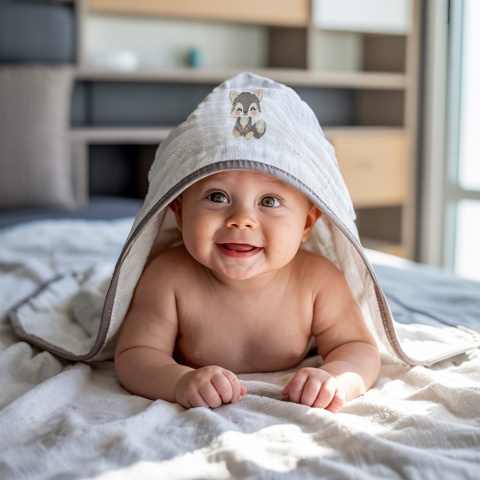 Ręcznik kąpielowy z kapturem Bocioland okrycie kąpielowe 100x100 szary wilk