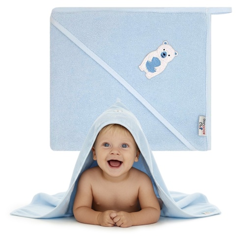 Ręcznik kąpielowy z kapturem Bocioland okrycie niebieski miś 100x100