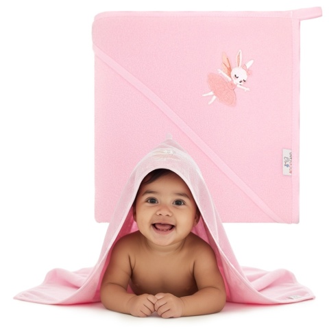 Ręcznik kąpielowy z kapturem Bocioland okrycie różowy króliczek 80x80