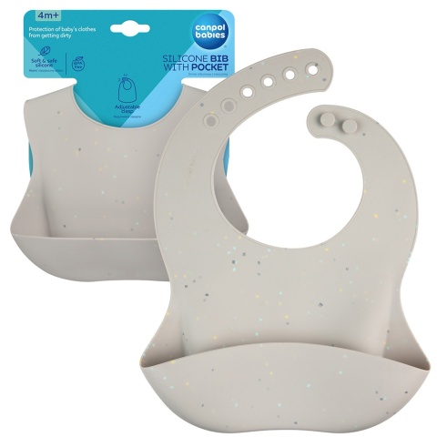 Śliniak silikonowy Canpol Babies z kieszonką regulowany zapinany szary 4+