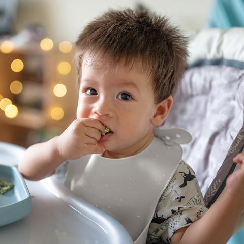 Śliniak silikonowy Canpol Babies z kieszonką regulowany zapinany szary 4+