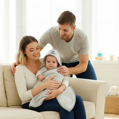 Ręcznik kąpielowy z kapturem Bocioland okrycie kąpielowe 80x80 szary wilk