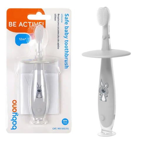 Szczoteczka do zębów Babyono dla dzieci z ogranicznikiem do nauki szara