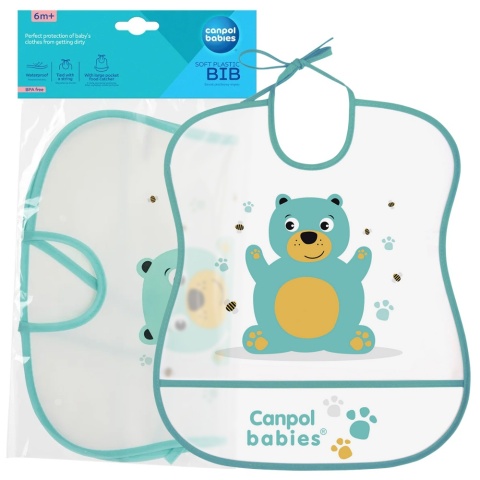 Śliniak miękki wiązany Canpol zmywalny z kieszonką niebieski miś 6+