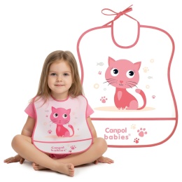 Śliniak miękki wiązany Canpol zmywalny z kieszonką różowy kotek 6+