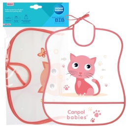 Śliniak miękki wiązany Canpol zmywalny z kieszonką różowy kotek 6+