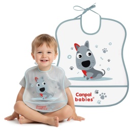 Śliniak miękki wiązany Canpol zmywalny z kieszonką szary piesek 6+