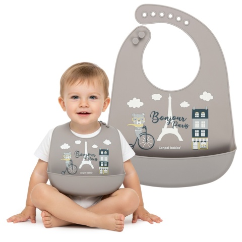 Śliniak silikonowy Canpol z kieszenią regulowany zapinany beżowy 4+