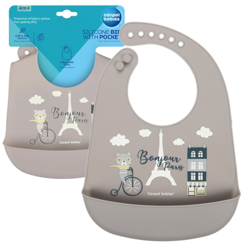 Śliniak silikonowy Canpol z kieszenią regulowany zapinany beżowy 4+