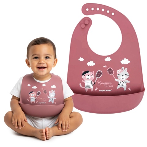 Śliniak silikonowy Canpol z kieszenią regulowany zapinany bordowy 4+