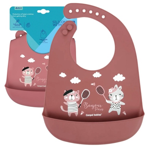 Śliniak silikonowy Canpol z kieszenią regulowany zapinany bordowy 4+