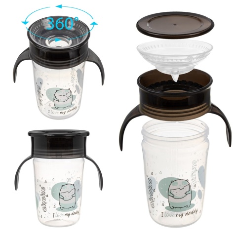 Kubek niekapek do nauki picia 360 dla dzieci Akuku uchwyt 240 ml 6+ czarny