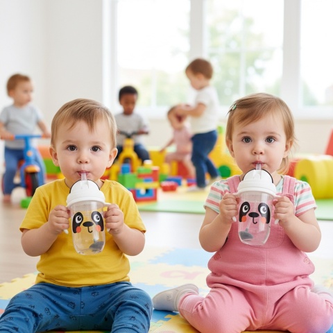 Bidon dla dzieci Canpol składana słomka z odważnikiem 270 ml 6+ miś panda