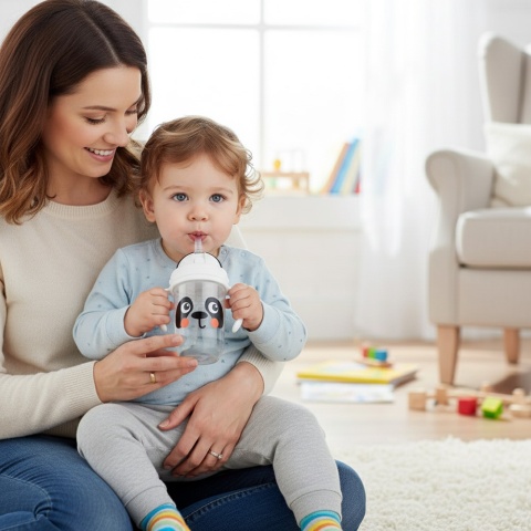 Bidon dla dzieci Canpol składana słomka z odważnikiem 270 ml 6+ miś panda