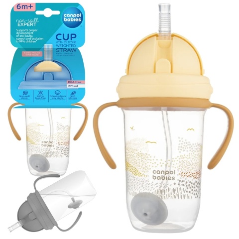 Bidon dla dzieci Canpol składana słomka z odważnikiem 270 ml 6+ beżowy