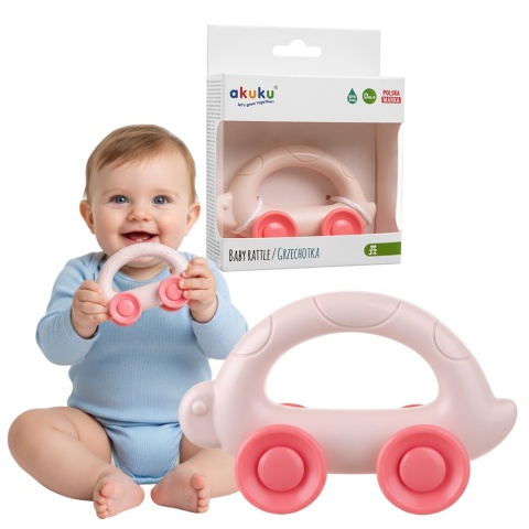 Grzechotka sensoryczna Akuku zabawka dla niemowląt żółwik na kółkach różowy