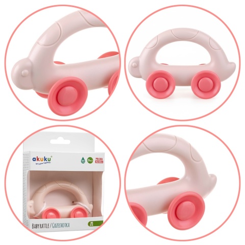 Grzechotka sensoryczna Akuku zabawka dla niemowląt żółwik na kółkach różowy