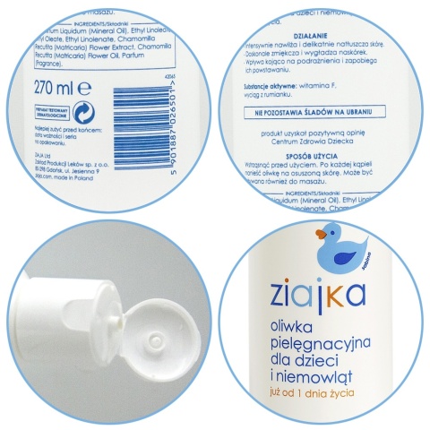 Oliwka do masażu pielęgnacyjna Ziajka dla niemowląt rumianek wit F 270 ml