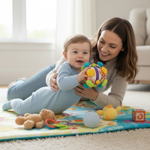 Gryzak dla niemowląt sensoryczy BabyOno Star Ball na ząbkowanie z dźwiękiem