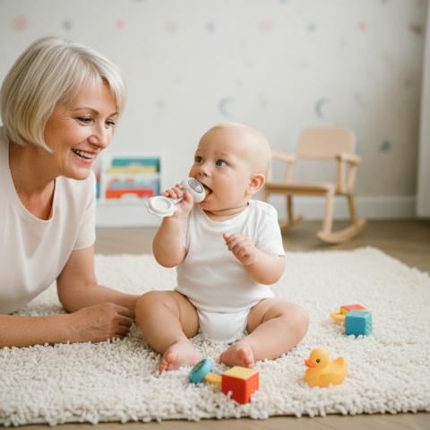 Grzechotka dla niemowląt sensroyczna z piłeczkami gryzak silikonowy Babyono