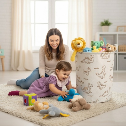 Kosz na zabawki Akuku składany bawełniany z uchwytami wodoodporny 45 l beż