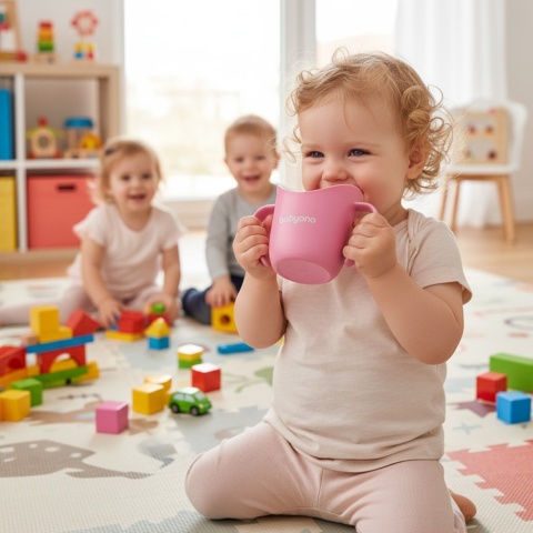 Kubek treningowy dla dzieci BabyOno Flow z uchwytami 120 ml różowy 12m+