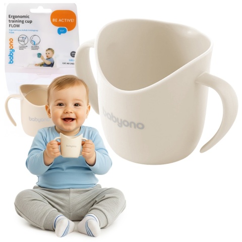 Kubek treningowy dla dzieci BabyOno Flow z uchwytami 120 ml beżowy 12m+