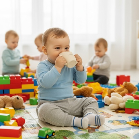 Kubek treningowy dla dzieci BabyOno Flow z uchwytami 120 ml beżowy 12m+