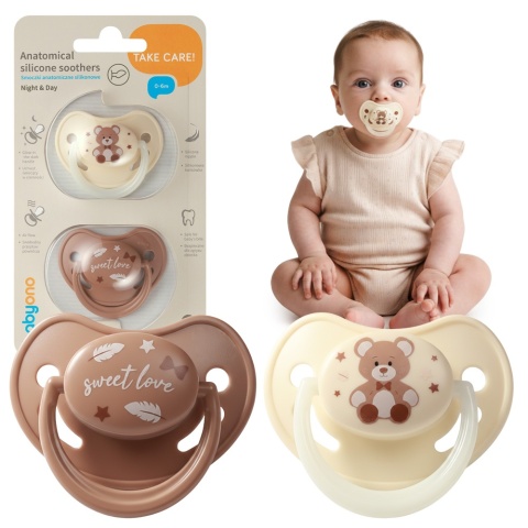 Smoczek uspokajający anatomiczny BabyOno silikon świeci 0m+ 2pak brąz beż