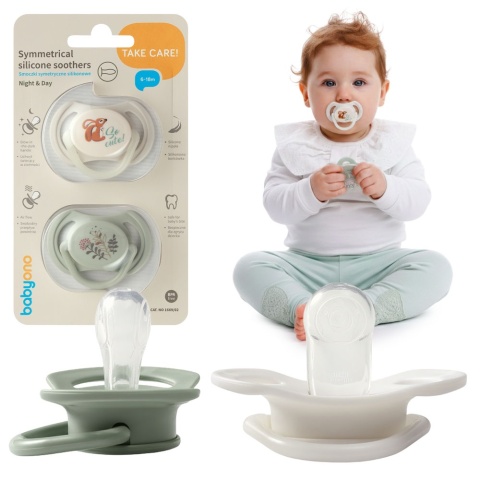 Smoczek uspokajający symetryczny BabyOno silikon świeci 6m+ 2pak sage ecru