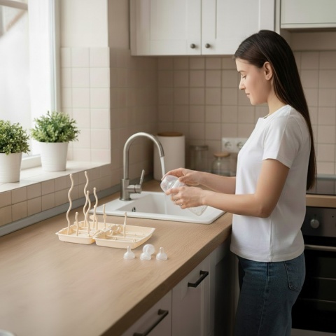 Suszarka do butelek i smoczków Babyono składana z podstawką 12 uchwytów beż