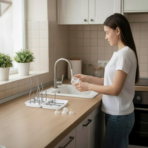 Suszarka do butelek i smoczków Babyono składana z podstawką 12 uchwytów