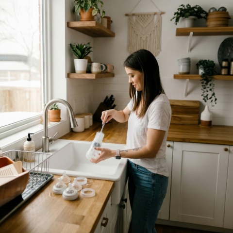 Szczotka do mycia butelek i smoczków Babyono z gąbką i haczykiem szara
