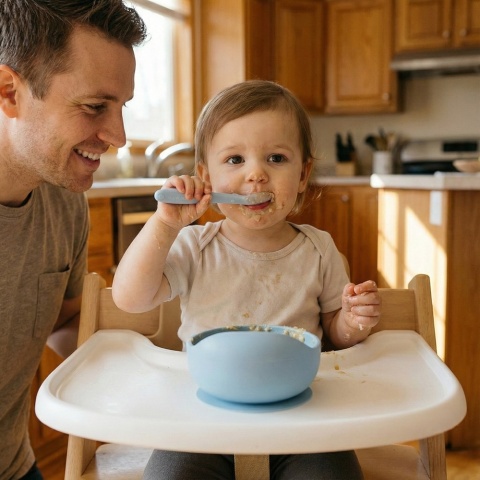 Łyżeczka dla niemowląt do karmienia Bocioland miękka silikonowa niebieska