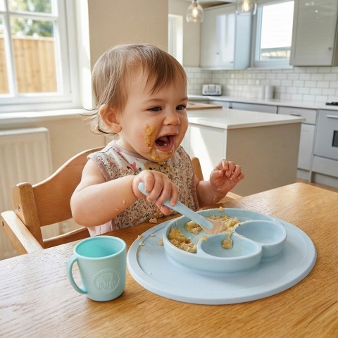 Łyżeczka dla niemowląt do karmienia Bocioland miękka silikonowa niebieska