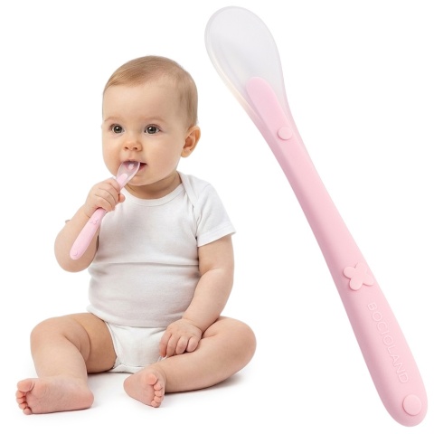 Łyżeczka dla niemowląt do karmienia Bocioland miękka silikonowa różowa