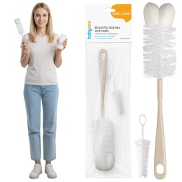 Szczotka do mycia butelek i smoczków Babyono z gąbką i haczykiem beżowa