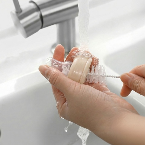 Szczotka do mycia butelek i smoczków Babyono z gąbką i haczykiem beżowa