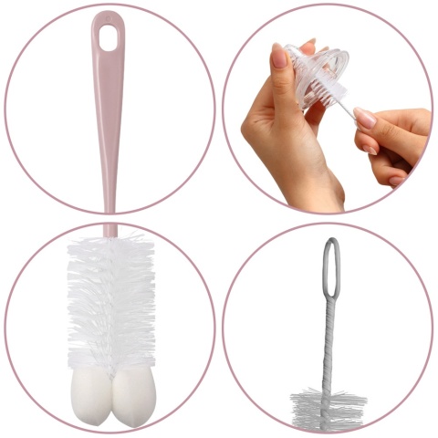 Szczotka do mycia butelek i smoczków Babyono z gąbką i haczykiem blady róż