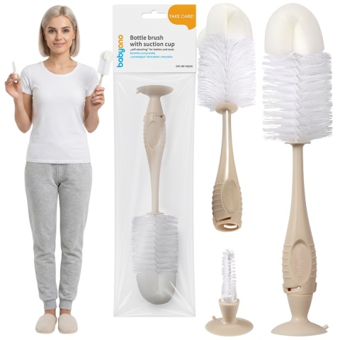 Szczotka do mycia butelek i smoczków Babyono z przyssawką i gąbką beżowa