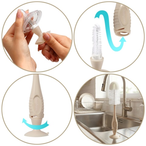 Szczotka do mycia butelek i smoczków Babyono z przyssawką i gąbką beżowa