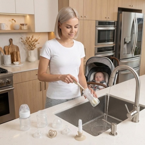 Szczotka do mycia butelek i smoczków Babyono z przyssawką i gąbką beżowa