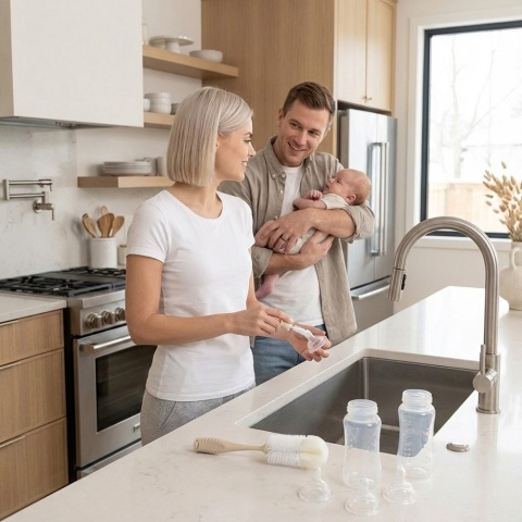 Szczotka do mycia butelek i smoczków Babyono z przyssawką i gąbką beżowa