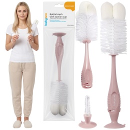 Szczotka do mycia butelek i smoczków Babyono z przyssawką i gąbką blady róż