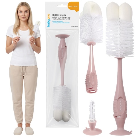 Szczotka do mycia butelek i smoczków Babyono z przyssawką i gąbką blady róż