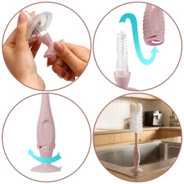 Szczotka do mycia butelek i smoczków Babyono z przyssawką i gąbką blady róż