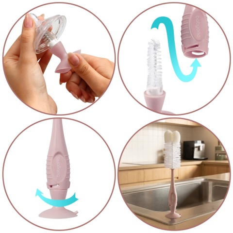 Szczotka do mycia butelek i smoczków Babyono z przyssawką i gąbką blady róż