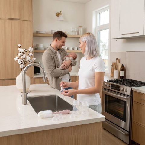 Szczotka do mycia butelek i smoczków Babyono z przyssawką i gąbką blady róż